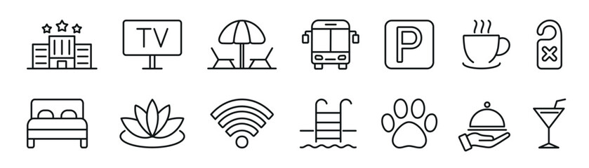 Hotel and hostel service and hospitality outline icons set