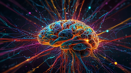 A color image of an artificial intelligence brain that generates new ideas. A colored neon image that glows brightly. Artificial intelligence AI