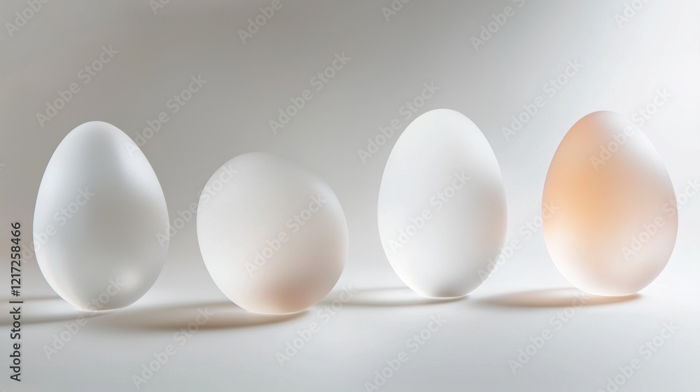 Poster four white eggs arranged in a row on a plain white background. the eggs are of different sizes and s