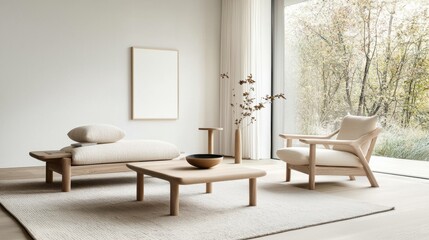 Modern living room with a large window on the right side. the window has white curtains that let in natural light and offers a view of the trees outside.