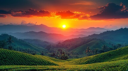 Fototapeta premium Peaceful landscape view of a tea garden at sunset in Srimongol, Bangladesh