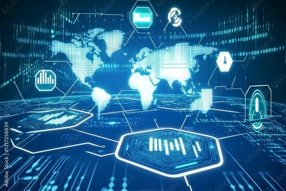 Poster a computer screen with a blue background and a map of the world