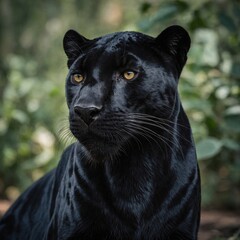 A sleek black panther staring intensely forward.