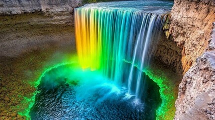 Vibrant rainbow waterfall cascading in nature scenic landscape serene environment aesthetic viewpoint majestic concept