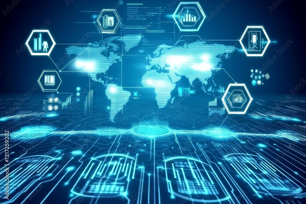 Poster a computer screen with a blue background and a map of the world