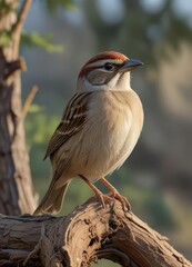 A lone clay sparrow perched on a tree limb in Calgary's Bow River Valley, alberta province, bow river valley,
