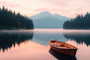Obraz premium Serene Sunrise Wooden Rowboat on Calm Lake with Misty Mountain Reflections