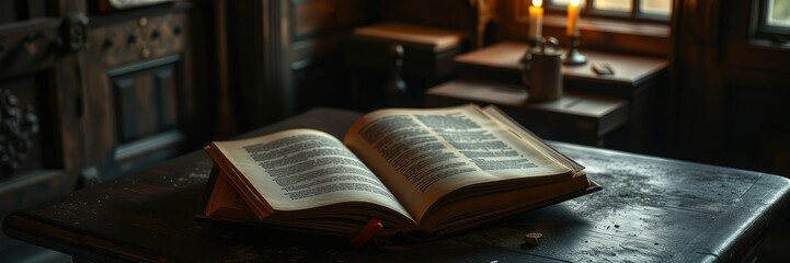 Fototapeta premium A lone, candlelit page from an old, leather-bound book resting on a dusty, antique table in a forgotten attic, evening atmosphere, vintage paper