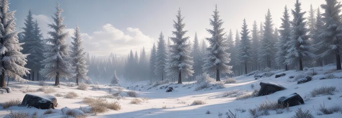 Frosted Forest Landscape with Holiday Elements,  frosty trees, Snowy forest,  twinkling lights