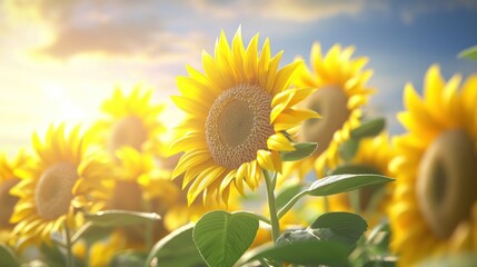 Fototapeta premium Sunlit sunflowers blooming in field at sunset, summer