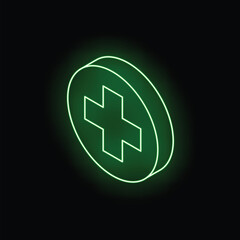 Green neon light with medical cross glowing in the dark on a black background