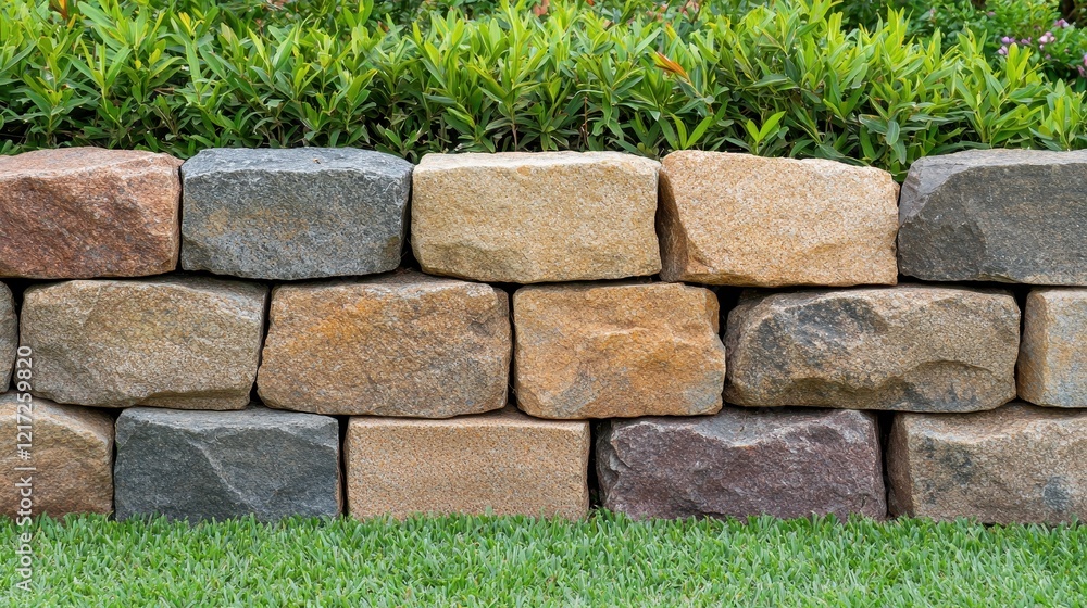 Poster stacked modular stone blocks in natural outdoor setting with lush greenery