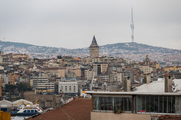 View of the Galata Tower from Fatih district, Beyoglu district, Istanbul, Turkey.