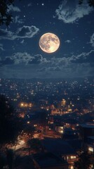 A city skyline under a full moon surrounded by stars, symbolizing calm and beauty. Perfect for travel, cityscapes, and night photography.