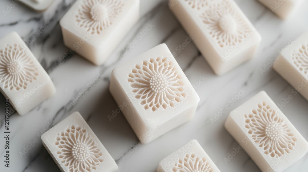 Poster group of small, square-shaped soaps arranged on a white marble surface. the soaps are arranged in a 