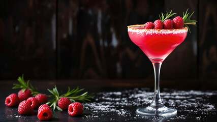 Close-up of a Raspberry Margarita cocktail garnished with a skewer of raspberries and a sprig of rosemary.