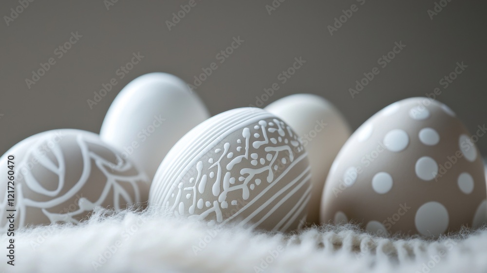 Poster group of five white eggs arranged in a row on a white furry surface. the eggs are of different sizes