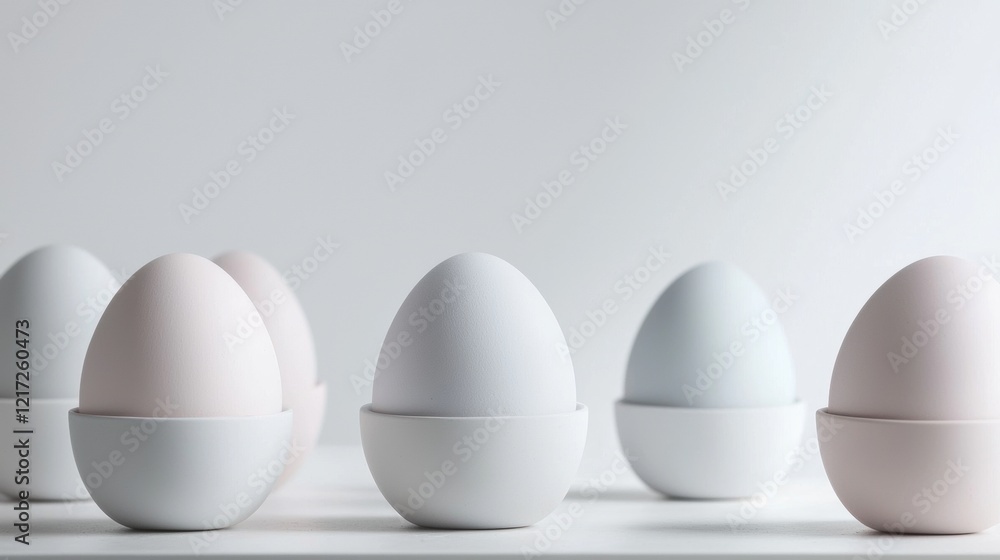 Poster group of six white eggs arranged in a row on a white surface. the eggs are of different sizes and sh