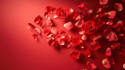 Love in Bloom: A Stunning Display of Passionate Red Roses and Delicate Petals, Adorning a Rich Crimson Canvas, Symbolizing the Beauty and Joy of Love.