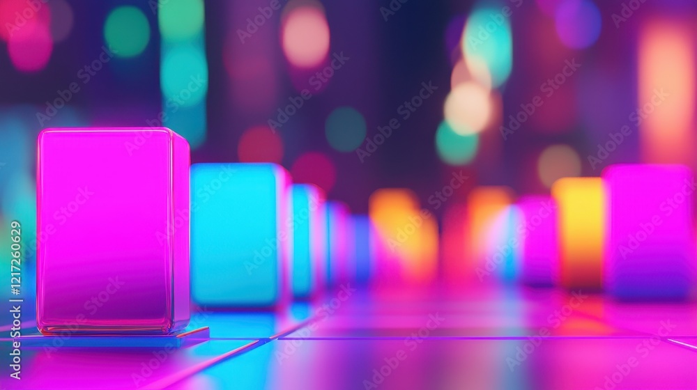 Poster glossy modular cubes forming a floating staircase with vibrant neon lights