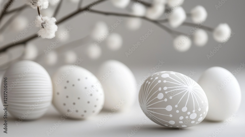 Poster group of five white easter eggs arranged in a row on a white surface. the eggs are of different size