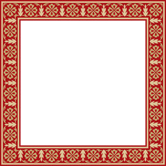Vector gold with red square Turkish national ornament. Ottoman border, frame. Ethnic floral rectangle, Seljuk Turks pattern. Decoration of the Sultan's palaces
