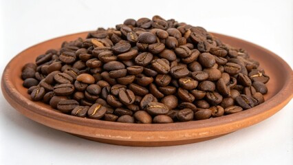 Fototapeta premium A large pile of roasted coffee beans on a terracotta plate, texture, plate, rough