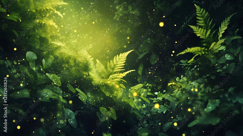 Poster enchanted forest scene with glowing fireflies and lush green ferns illuminated by soft light in a my