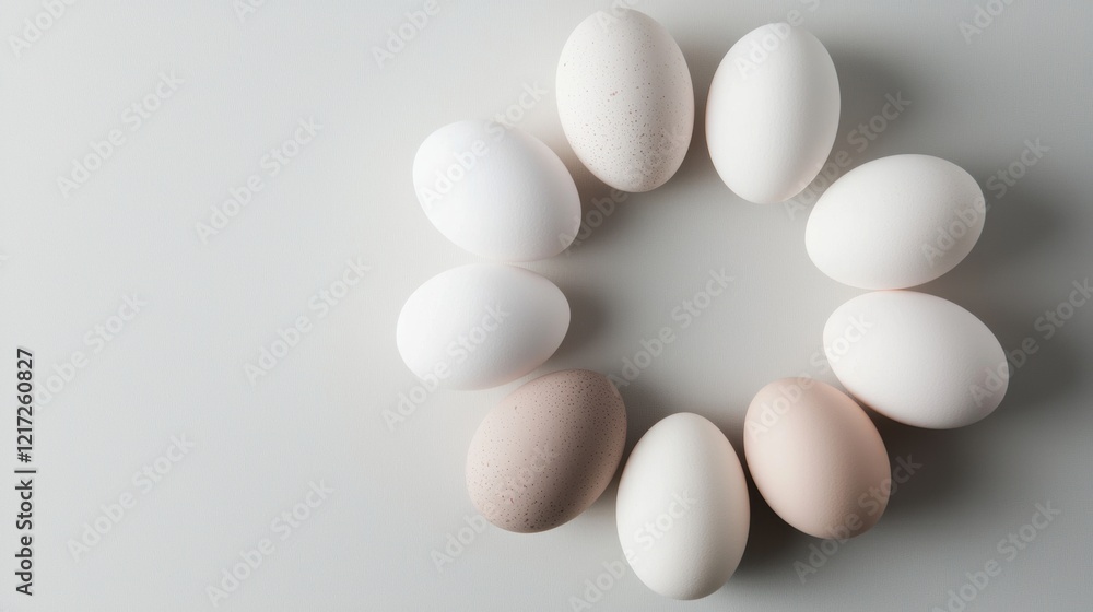 Poster group of nine white eggs arranged in a circular pattern on a light grey background. the eggs are of 