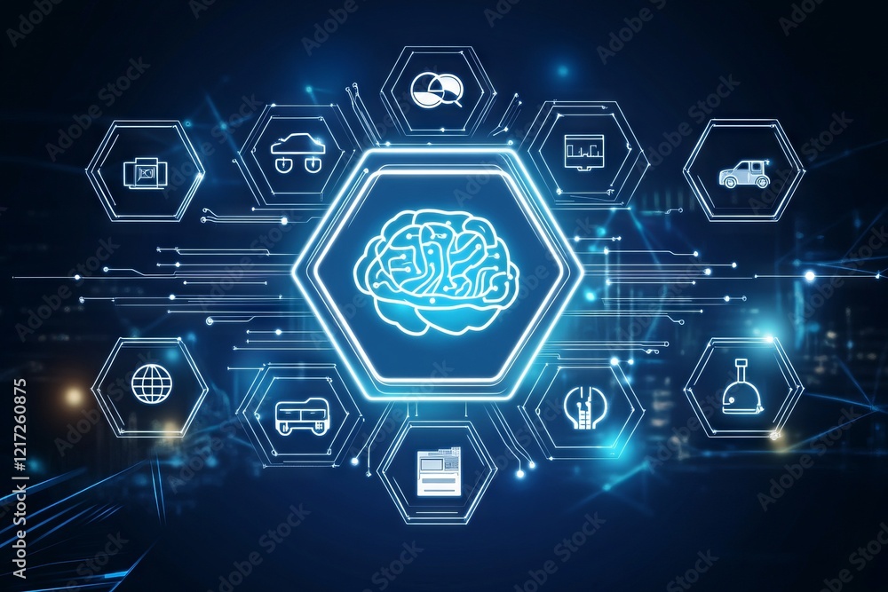 Poster a computer screen with a brain and many icons