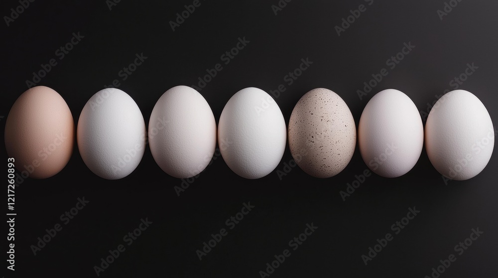 Poster row of six eggs arranged in a line on a black background. the eggs are of different sizes and colors