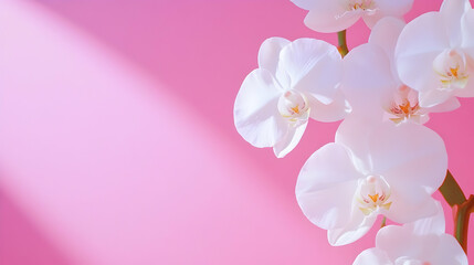 Delicate white orchids flourish, glowing beautifully with soft light on a vivid pink surface