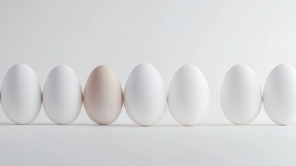 Group of seven white eggs arranged in a row on a plain white background.