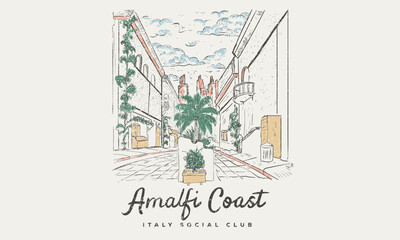 Amalfi coast art. Summer vibes artwork. Italy city graphic print design. Enjoy beach life. Beach good vibes. Beach old city abstract art. Enjoy beach life. Building hand sketch.