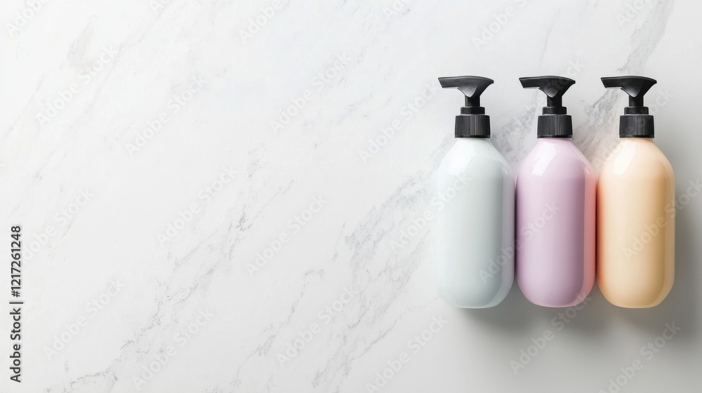 Aufkleber three bottles of body lotion arranged in a row on a white marble surface. the bottles are of differe