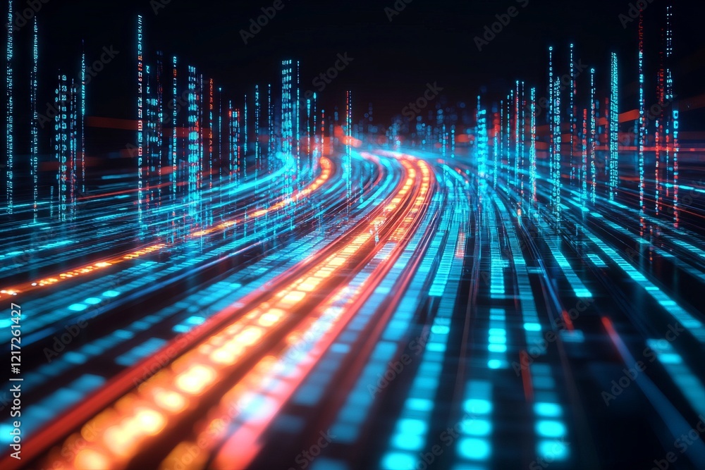 Poster a computer generated image of a city street with blue and red lines