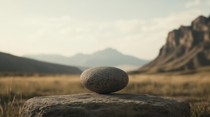 A solitary stone resting on a larger rock in a serene landscape with distant mountains