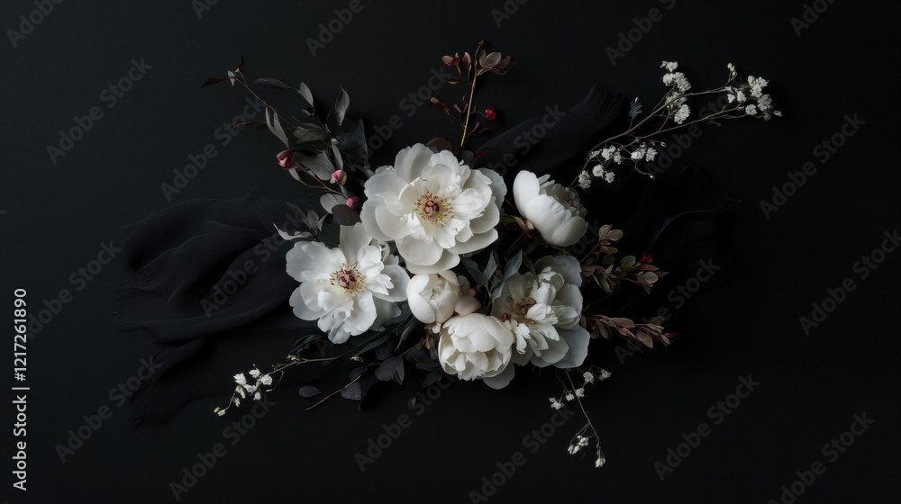Aufkleber flat lay of a bouquet of white flowers on a black background. the flowers are arranged in a way that