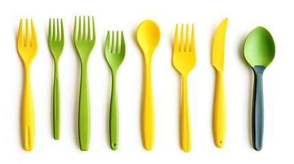 Colorful collection of plastic cutlery arranged neatly on a white background, perfect for parties or outdoor gatherings.