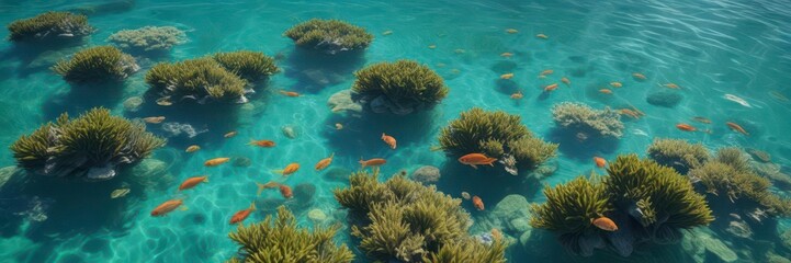 Individual vibrant fish floating on a calm surface of turquoise water with ripples and seaweed,  ocean waves,  sea creature