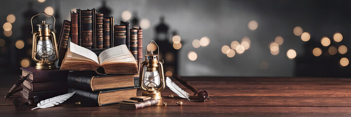 Antique Books Oil Lamps and Feathers on Wooden Table
