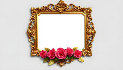 Baroque-style picture frame made of gold with rose flowers, designed in a vintage aesthetic and featuring an area for customization with your own image or text, colorful, with white tones