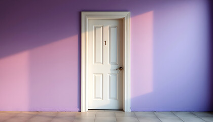 White vintage entrance door on minimal style Light purple wall background, copy space, magazine photoshoot