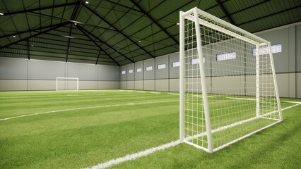 Detailed 3D Design of an Indoor Mini Soccer and Futsal Field with Artificial Grass, Geometric Roofing, and Daylight Integration