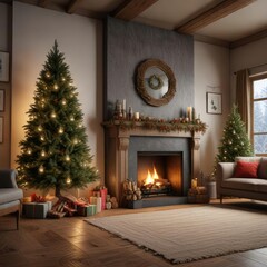 A cozy living room with a Christmas tree and fireplace , Warm Ambiance, Bookshelf, Cozy Living Room