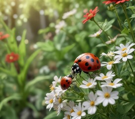 Ladybug and flower blooming together in the garden, love,  ladybugs