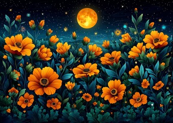 Obraz premium Whimsical vintage botanical illustrations, lunar cycles, and abstract floral blooms entwined on a vibrant, intricately patterned canvas, evoking a sense of mystical beauty and wonder