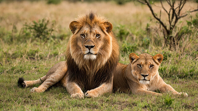 Horizontal portrait of male lion with big mane and a lion cub