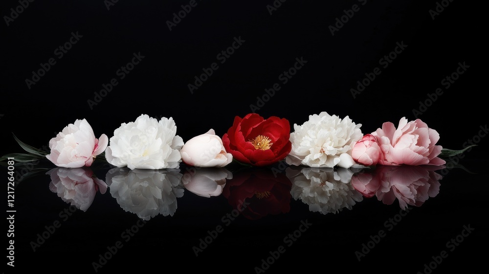 Poster group of five peonies arranged in a row on a black background. the peonies are of different sizes an