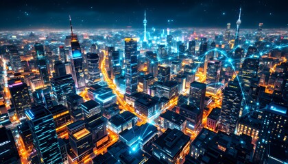 Fototapeta premium Night Cityscape Illuminated Network Connections